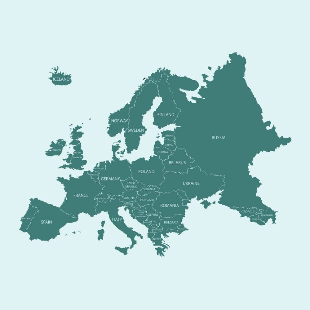 Carte politique détaillée de l'Europe. Affichage des frontières et des noms de nombreux pays (France, Espagne, Allemagne, Russie, Ukraine, etc.).