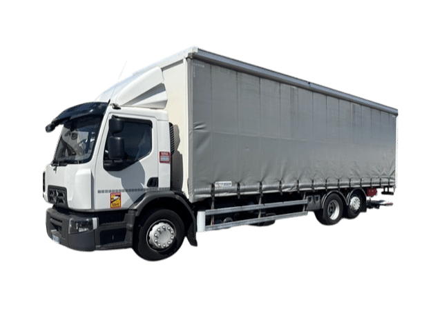 Camion porteur à bâche latérale pour transport routier. Camion porteur Renault blanc 6x2 avec carrosserie bâchée grise. Le sticker "Angles Morts" est visible sur la porte de la cabine.