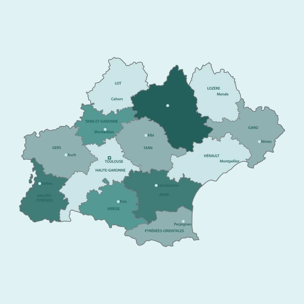 Carte politique des 13 départements de la région Occitanie, dont Lot, Tarn, Aude, Hérault et Gard, avec les villes clés : Toulouse, Montpellier, Nîmes.