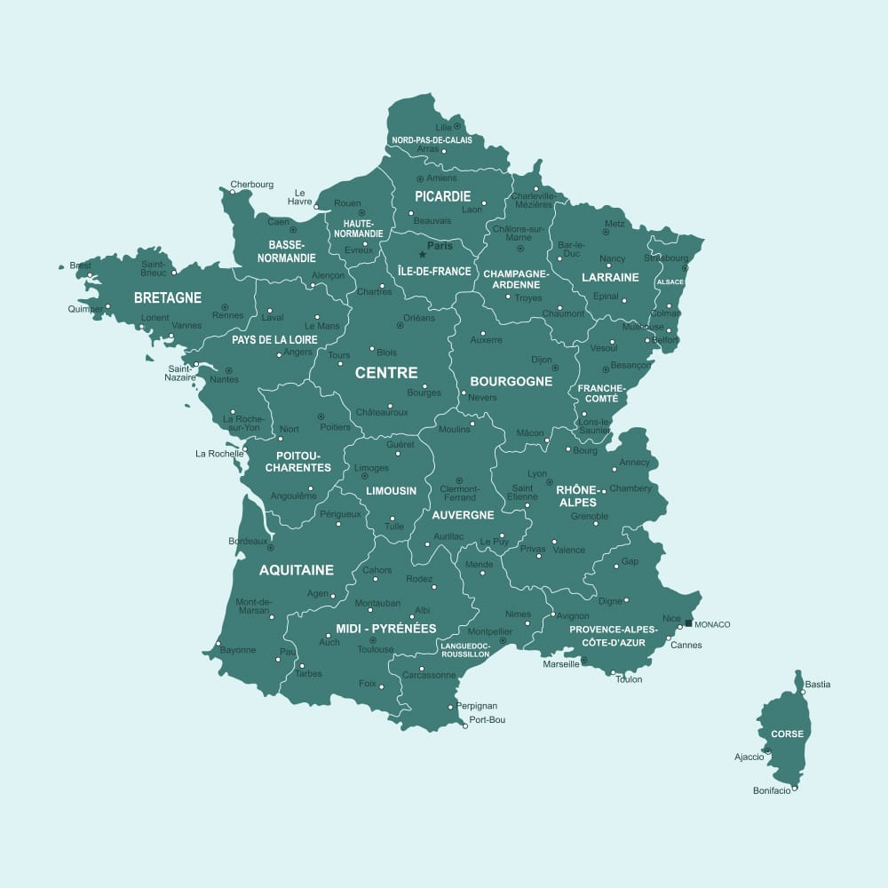 Carte détaillée de la France. Divisions administratives des 22 anciennes régions (Bretagne, Île-de-France, PACA, Corse) avec les grandes villes et capitales.