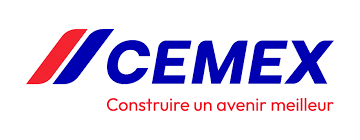 CEMEX Logo Officiel : Construire un avenir meilleur Logo de CEMEX avec son emblème en barres obliques rouge et bleu. La marque utilise des lettres majuscules bleues et la tagline rouge : 'Construire un avenir meilleur'.