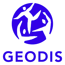GEODIS Logo officiel – Logistique et transport mondial. Logo GEODIS : trois figures humaines blanches stylisées connectées en plein mouvement dans un cercle bleu, illustrant la logistique globale.