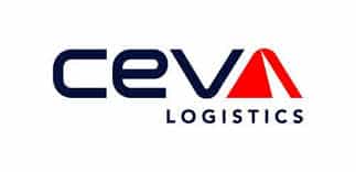 Logo CEVA LOGISTICS, expert mondial du transport et supply chain. Logo officiel CEVA LOGISTICS. Texte bleu foncé avec le "A" remplacé par un emblème triangulaire rouge dynamique, symbolisant le transport.