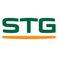 Logo STG Vert et Orange : Symbole de la marque. Logo de la marque STG. L'acronyme est affiché en vert foncé, avec une épaisse ligne horizontale orange soulignant les lettres.