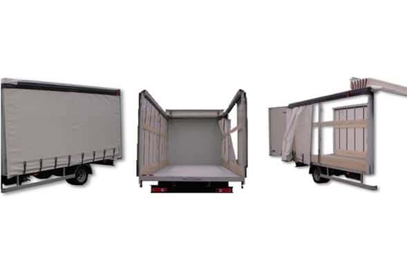 Remorque Tautliner : ouverture latérale et chargement rapide. Remorque Tautliner montrée en trois vues : bâche fermée, ouverture totale arrière et mécanisme d'ouverture latérale pour chargement facile.