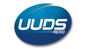 Logo UUDS AERO | L'entreprise de services aéronautiques. Logo UUDS AERO, stylisé en blanc sur un fond ovale bleu vif. Design dynamique de l'entreprise spécialisée en aéronautique.