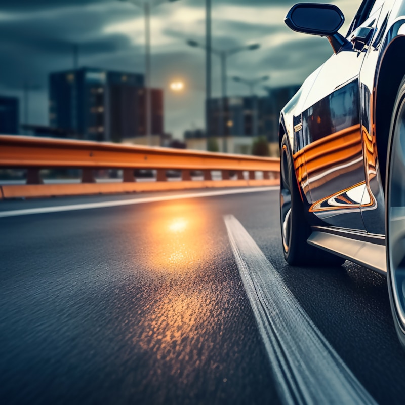 Voiture sportive sur route mouillée : Éclat et Vitesse Voiture sportive chromée roulant sur asphalte mouillé au crépuscule. Reflet intense du garde-corps orange sur la carrosserie.